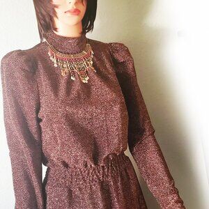 Ryegrass Mock Neck Puff Shoulders Copper Sparkle Dress
